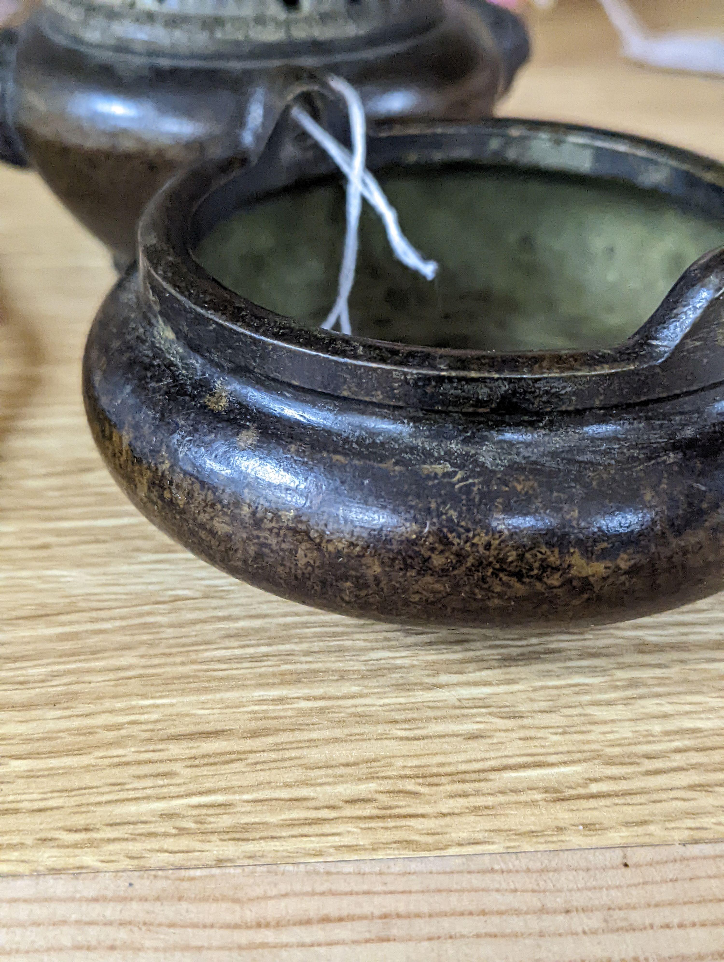 A Chinese bronze tripod censer and a Chinese bronze censer and cover 11cm